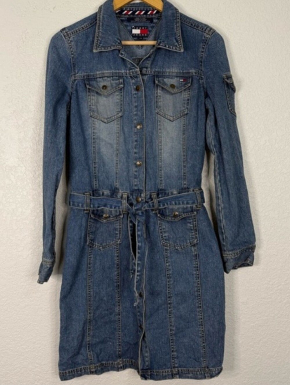 Vintage Tommy Hilfiger 2003 Denim snap front belted long sleeve Dress Y2K